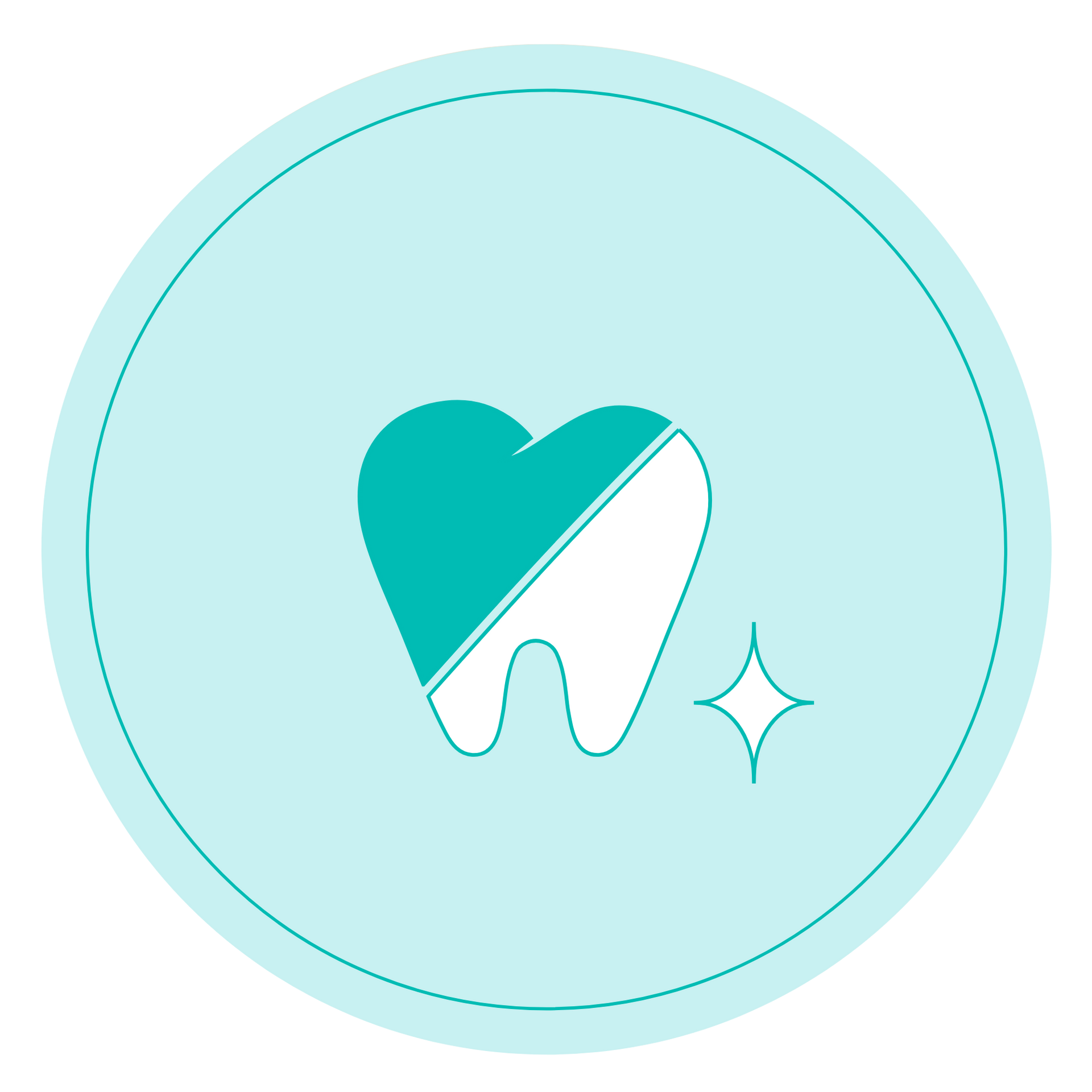 Teal tooth icon with heart and sparkle on a light blue circular background