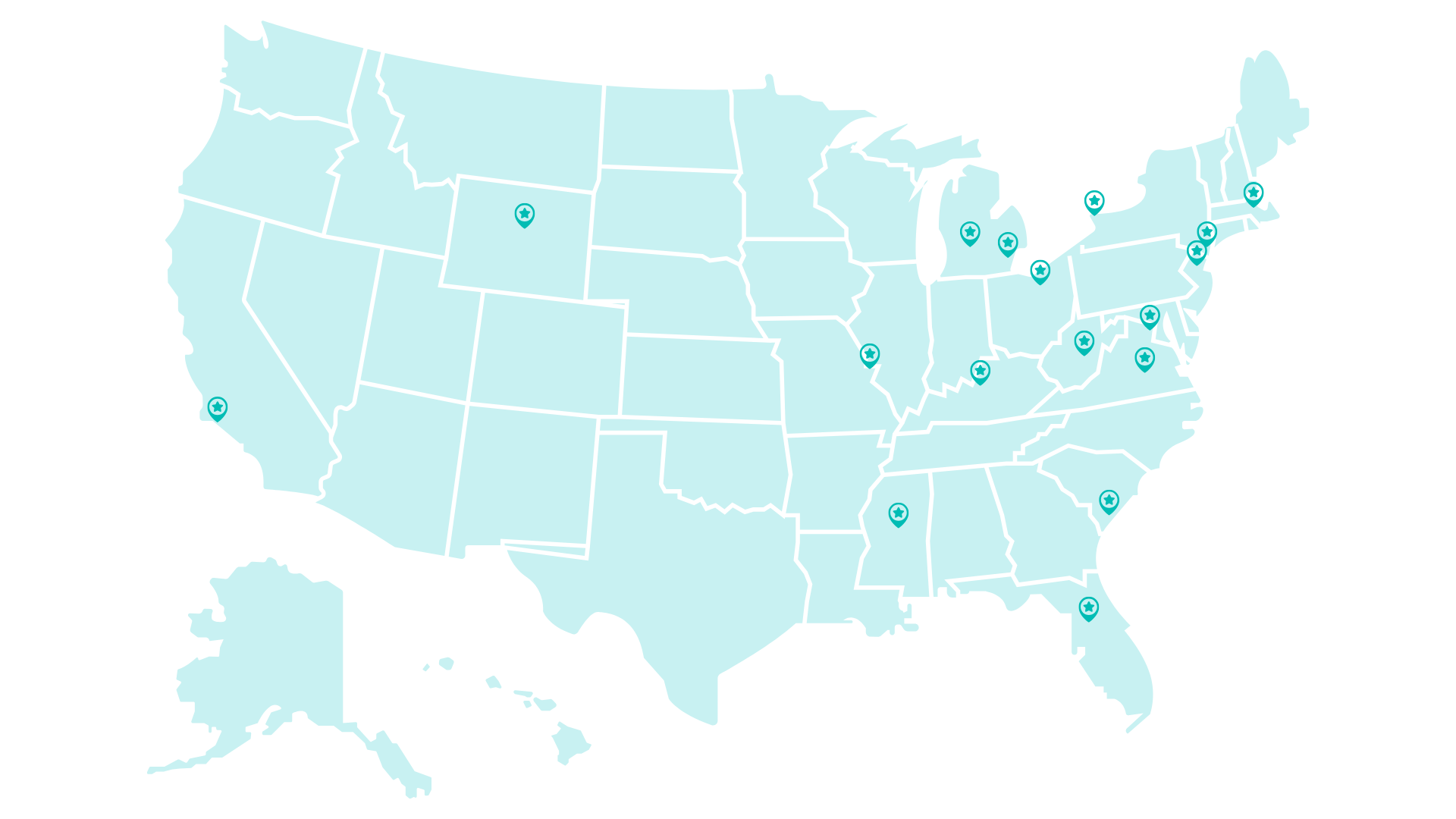 Light blue U.S. map with scattered teal location markers across several states