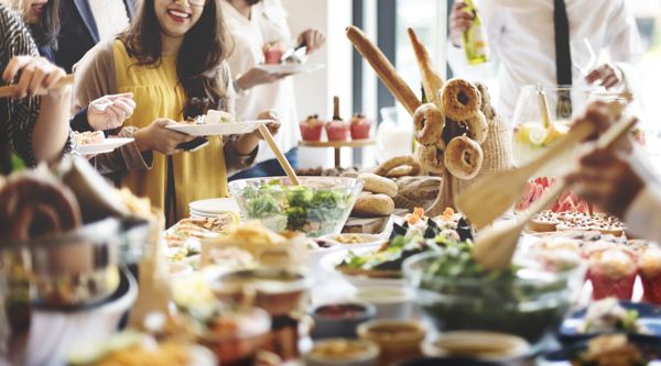 Hand of people take buffet food in hotel party, Food and drink