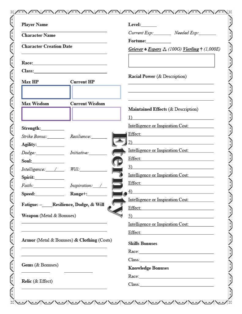 2022 Eternity TTRPG Character Sheet - Page 1 A character sheet with labeled sections for role-playing game attributes, weapons, skills, and more.
