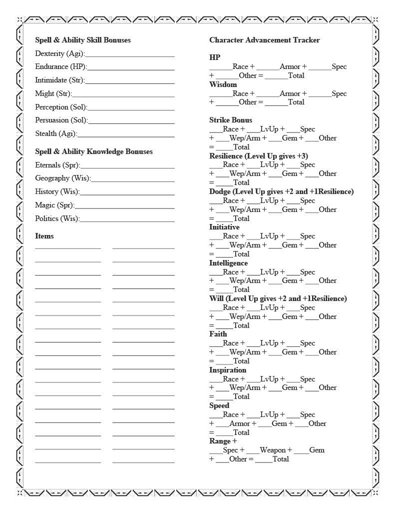 2022 Eternity TTRPG Character Sheet - Page 2 Character sheet for a role-playing game with fields for spellcasting and abilities; lists stats and rolls.