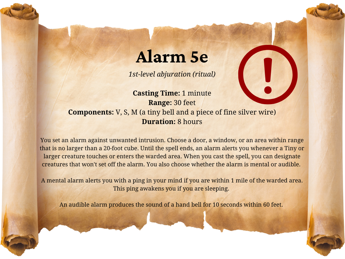 Alarm 5e spell scroll. Includes the spell's name