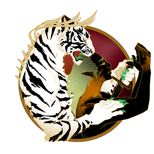 White tiger embracing figure holding sword, within a gold-bordered circle.