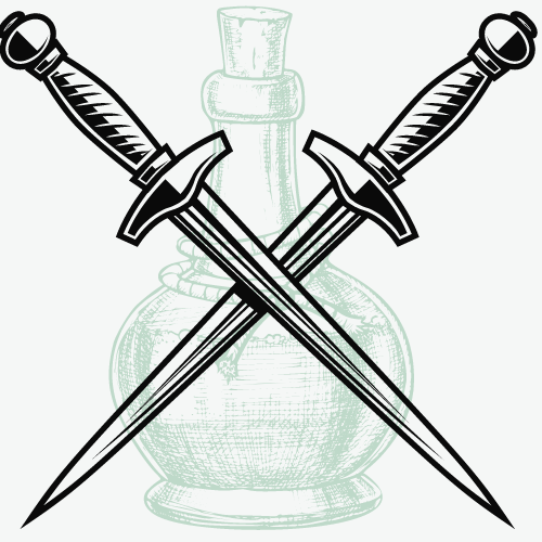 Two crossed daggers over a blurry outline of a round bottle.