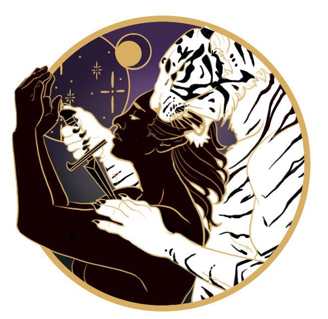 Dark figure holding a dagger, embraced by a white tiger in a gold-edged circle; celestial background.