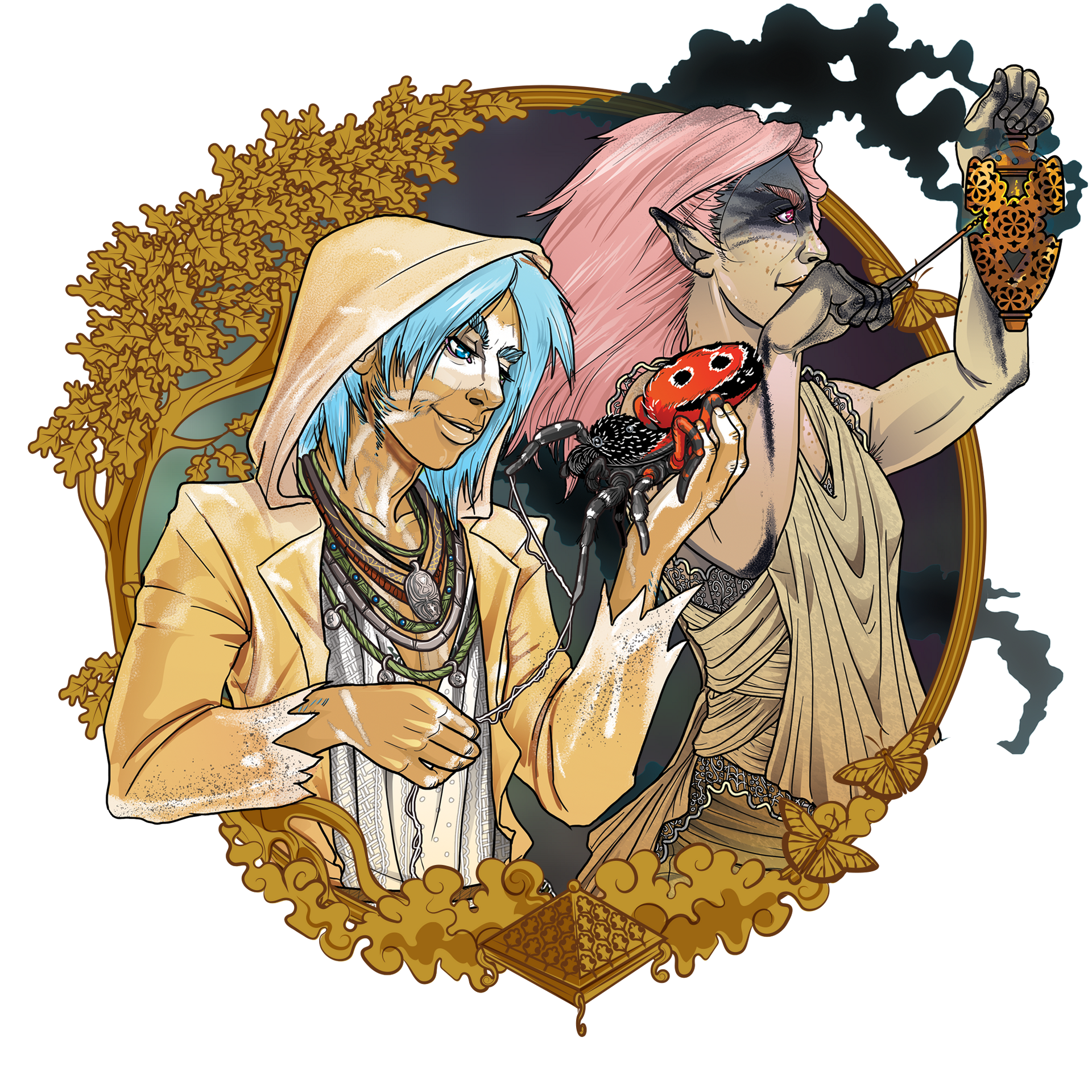 Eternity TTRPG Ateri Race Icon Two figures in fantastical attire holding a red frog and a device, within a gold-framed botanical scene.