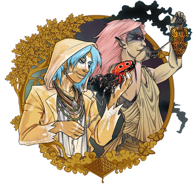 Two figures with pale skin, one blue-haired