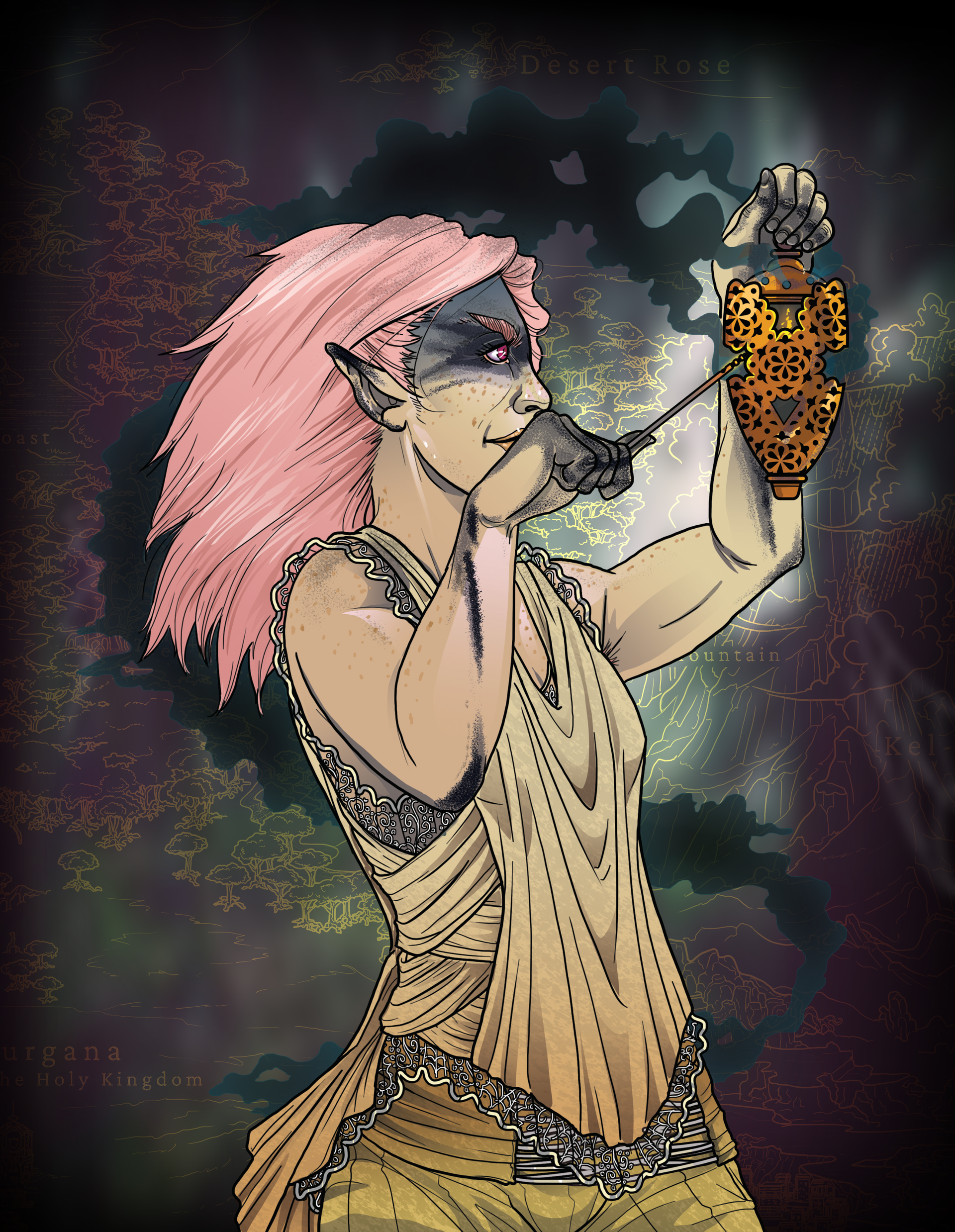 Sparks of Eternity: Ateri Sage Elf with pink hair against a dark background