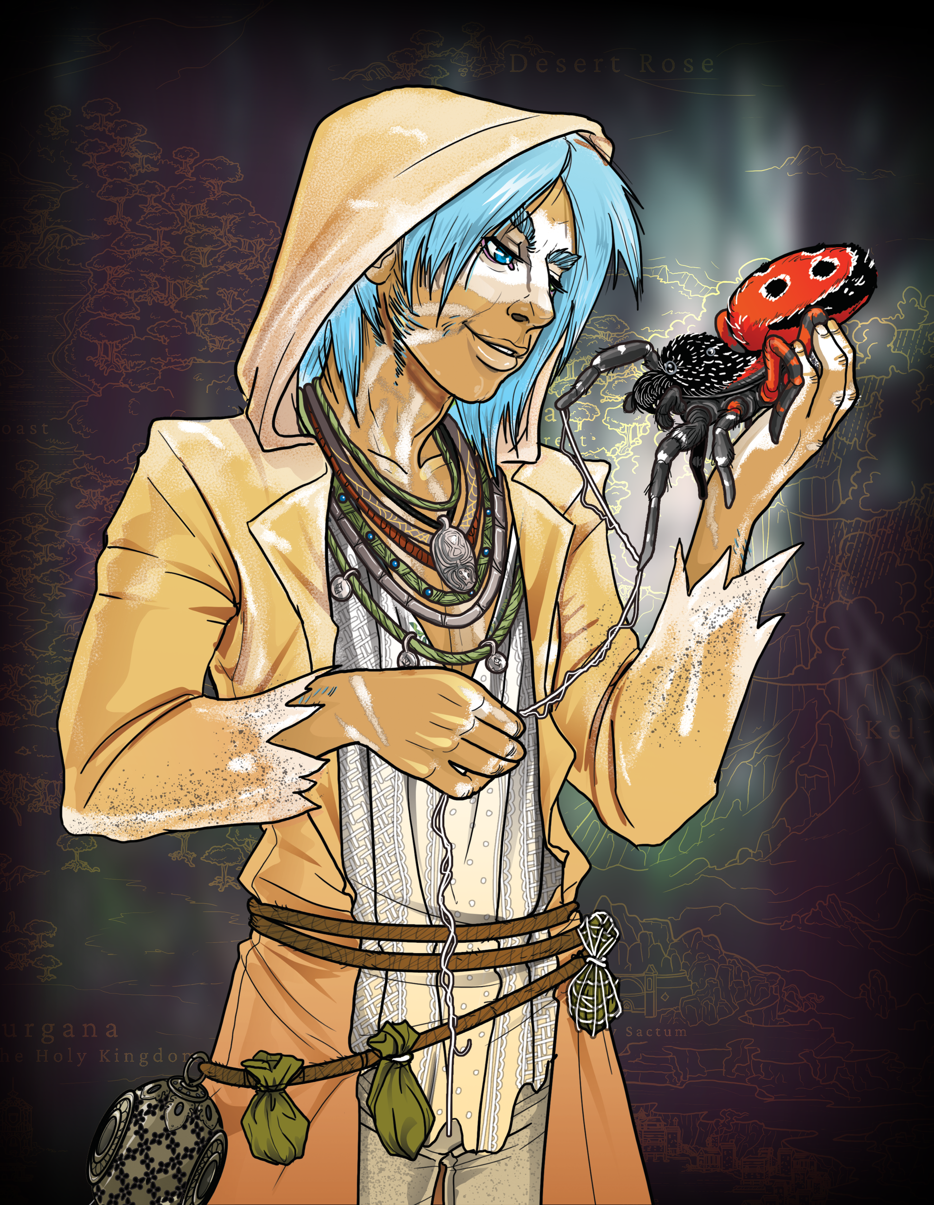 Sparks of Eternity: Ateri Beast Master Hooded figure in tan robes holding a red-and-black spider