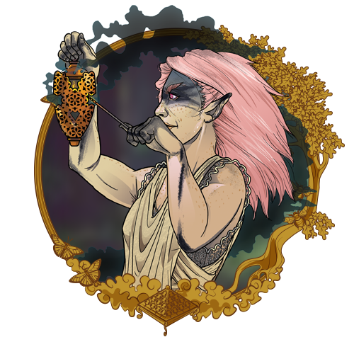 Races Pink-haired figure framed by ornate gold foliage