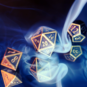 Dice set in blue smoke. 20-sided die prominent. Gold numbers on black dice.