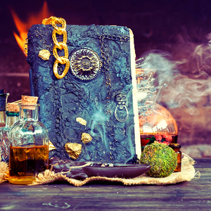 Close-up of a mystical scene with an aged book, potions, and rising smoke.