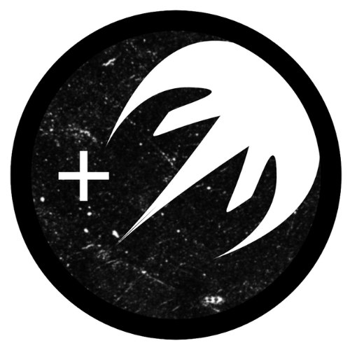 Black and white circular emblem with a stylized white comet