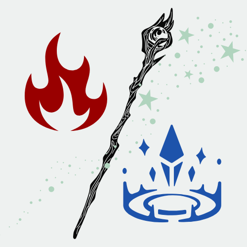 Fire icon, magical staff, crown icon, and stars on a white background.