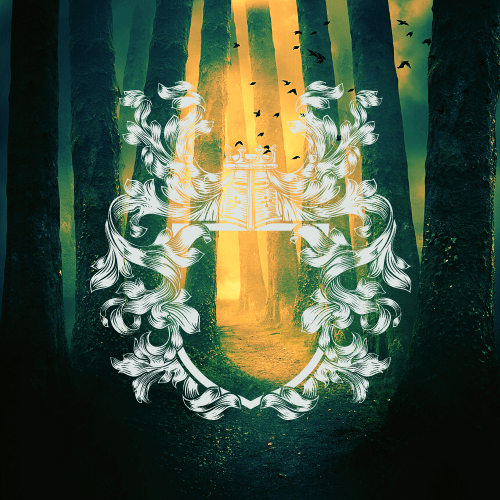 Decorative white emblem with foliage set against a forest with golden light. Birds fly.