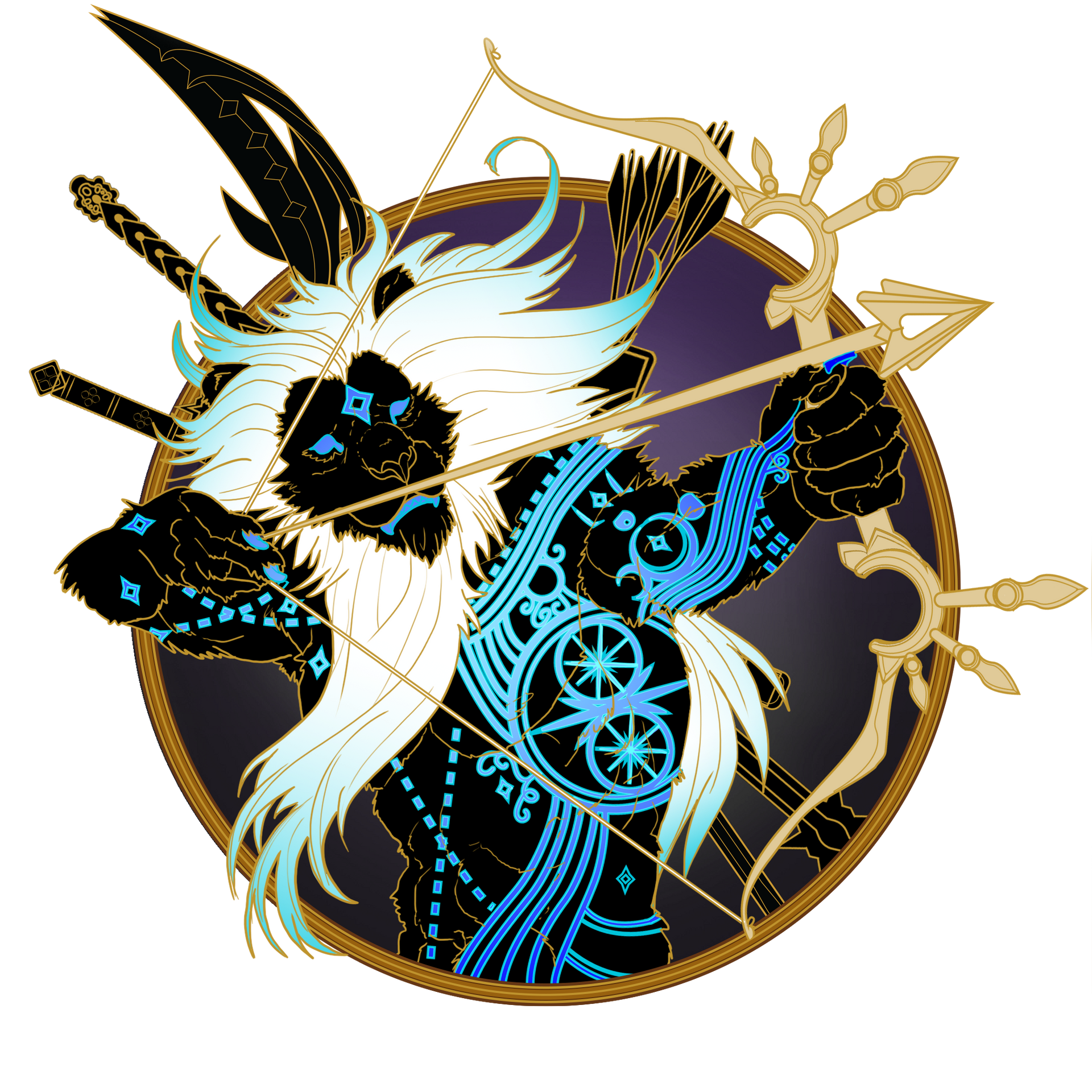Black creature with white and blue details, drawing a golden bow and arrow, against a dark purple and gold backdrop.