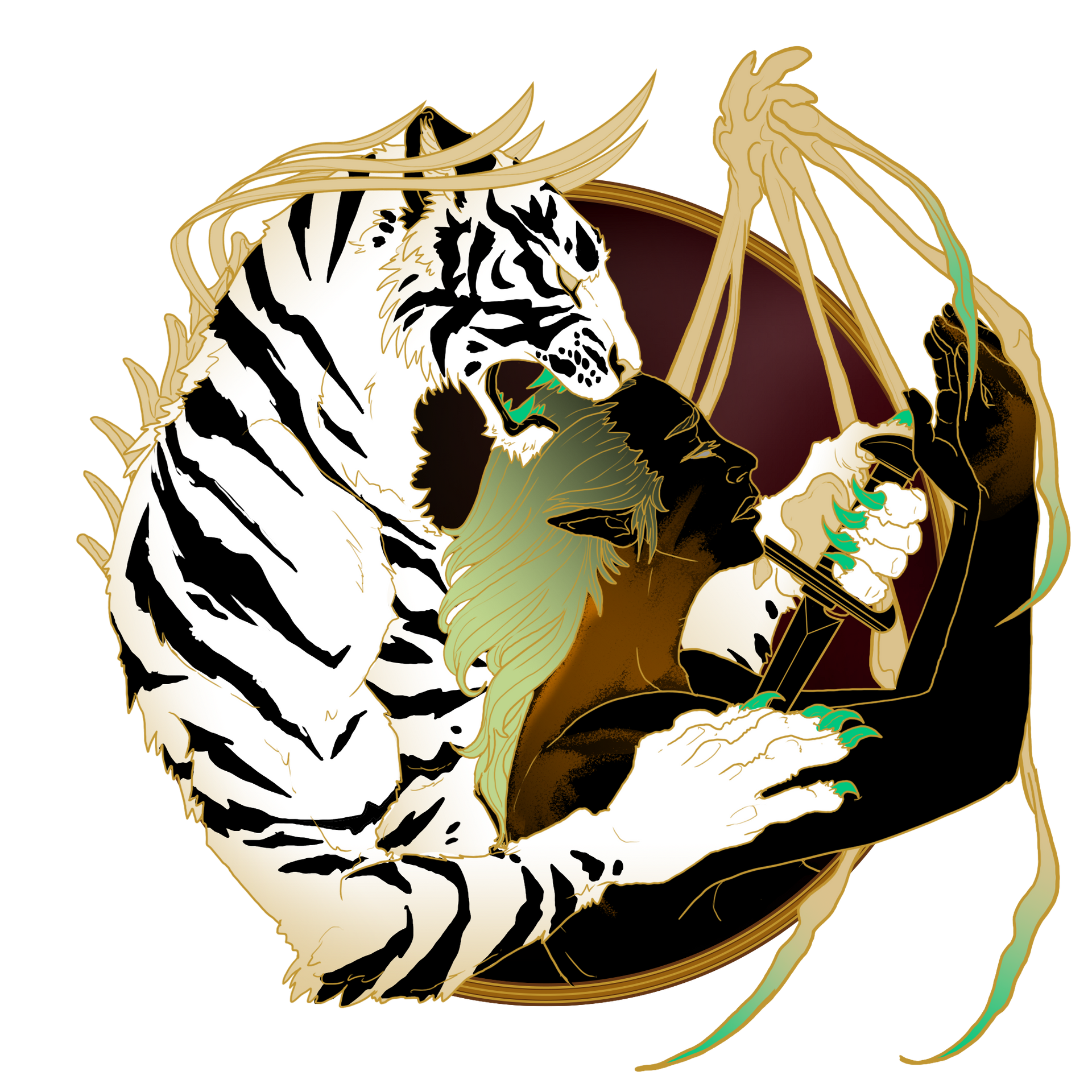 White tiger embraces figure with sword, surrounded by gold and red frame.