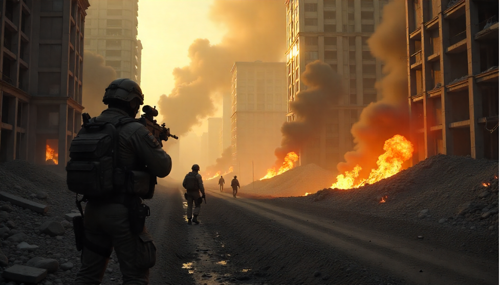 Conclusion Soldier in tactical gear surveys a war-torn city with fires and smoke. Other figures walk ahead.