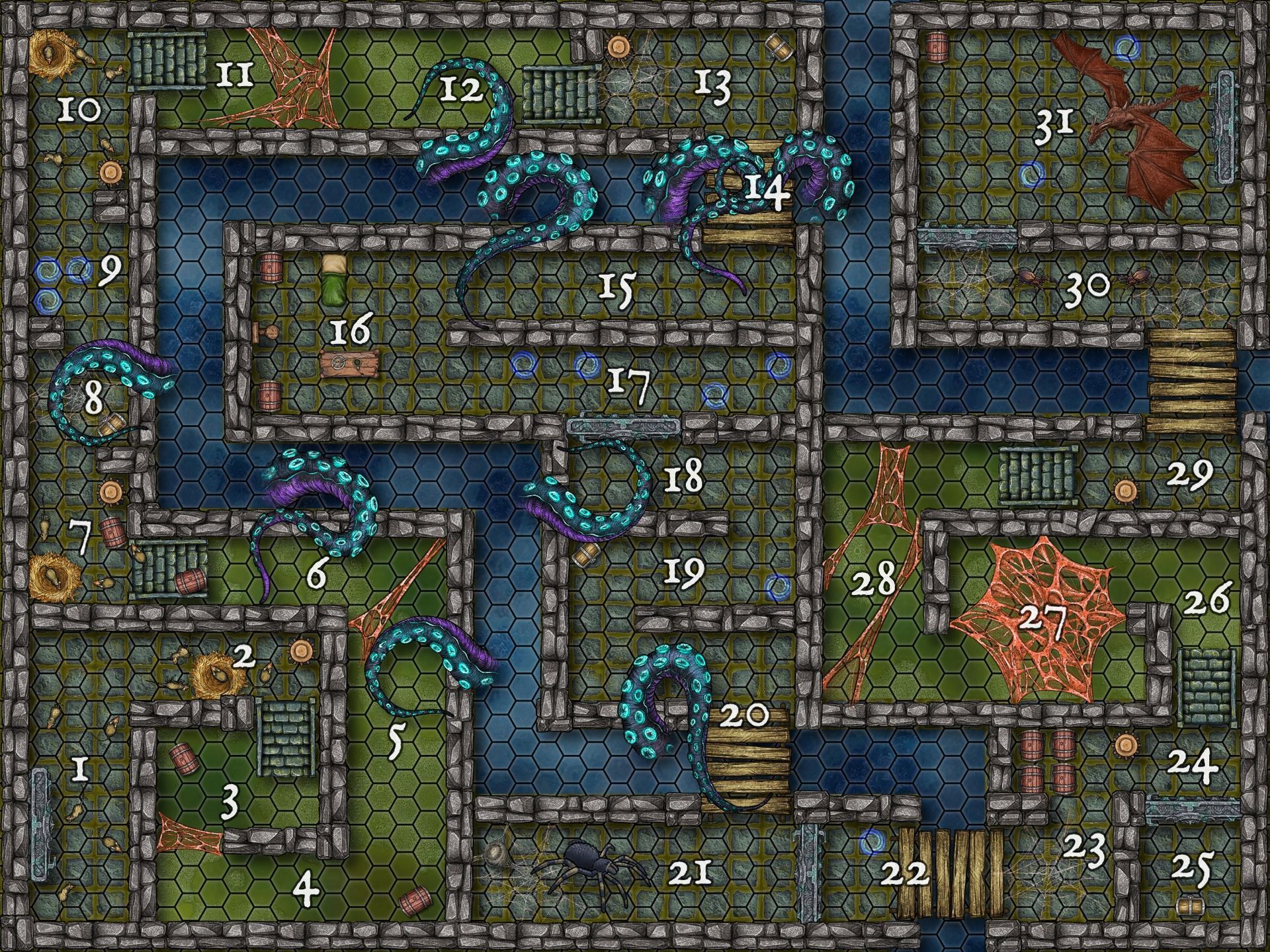 Dungeon-A-Day Level 1 Dungeon Master Dungeon map with numbered rooms, a waterway, and large serpentine creatures.