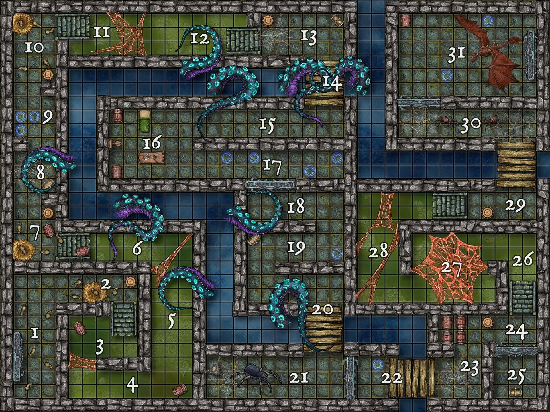 Dungeon-A-Day Level 1 Dungeon Master Dungeon map with numbered rooms, interconnected by water channels, featuring several serpentine creatures.