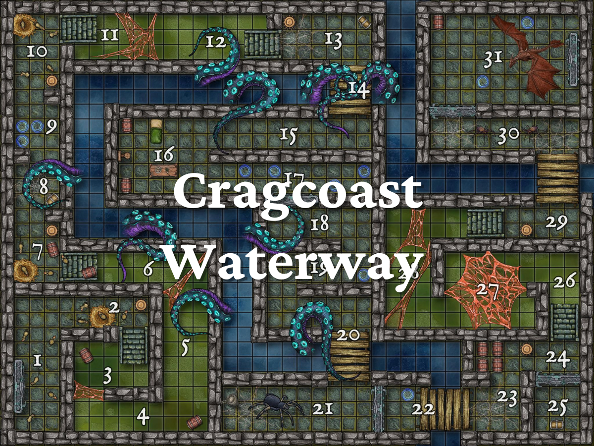 Dungeon A Day - Keruxaphylax Art Cragcoast Waterway dungeon map. Blue waterways intersect rooms numbered 1-31. Tentacled creatures and a dragon are present.