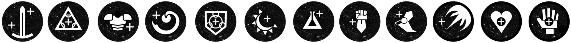 A series of 12 black circular icons. Each contains a white graphic symbol.