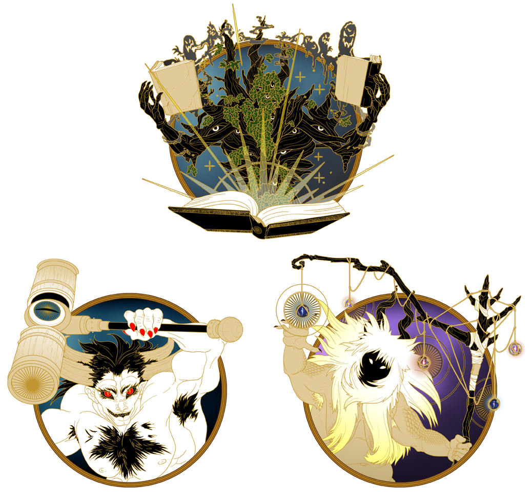 Three fantasy emblem designs: book and hands, demon warrior, and feathered figure with scales.