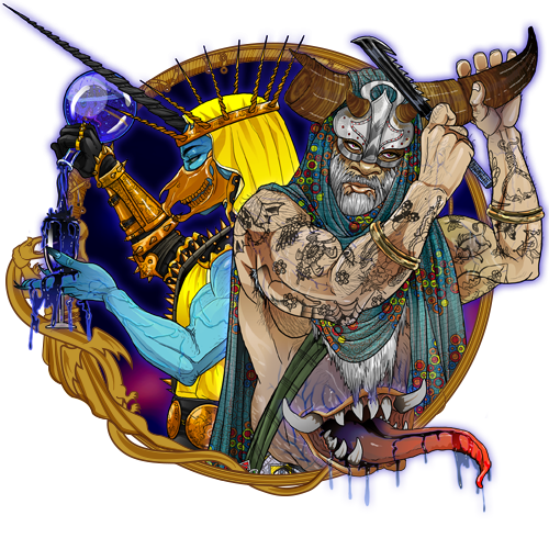 Eternity TTRPG Crour Race Icon Mythical figures, blue-skinned woman and a masked, muscular figure: Crour