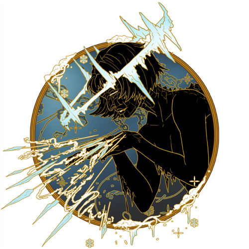Silhouette figure within a circle, ice bursts, gold accents, blue background.