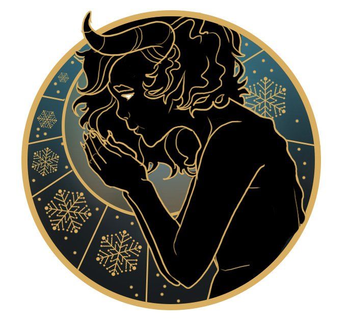 Silhouette of horned figure cupping hands, set within a teal and gold circular frame with snowflakes.