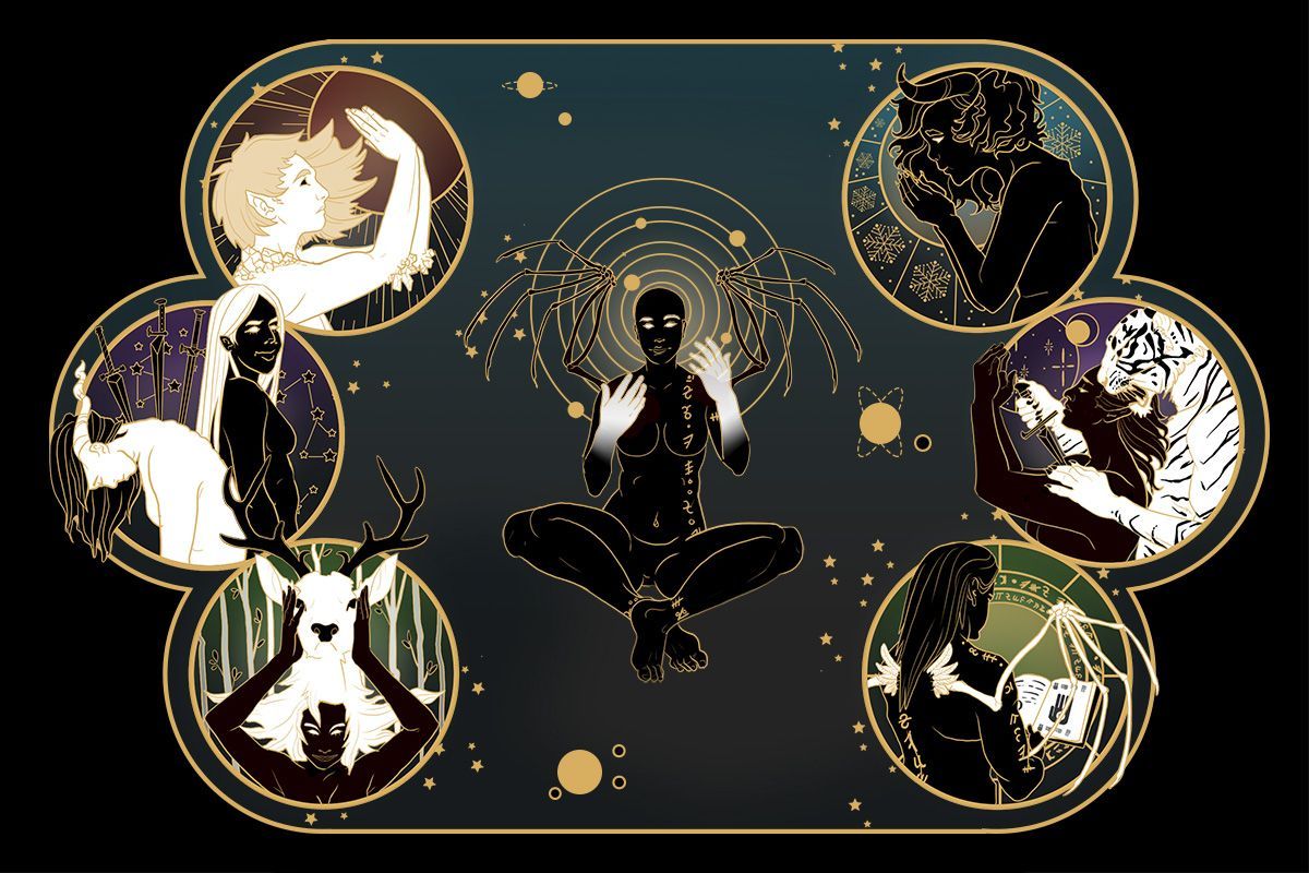 Future Expansion Races Central figure meditating, surrounded by circular portraits of figures with mystical elements. Gold accents on dark blue.