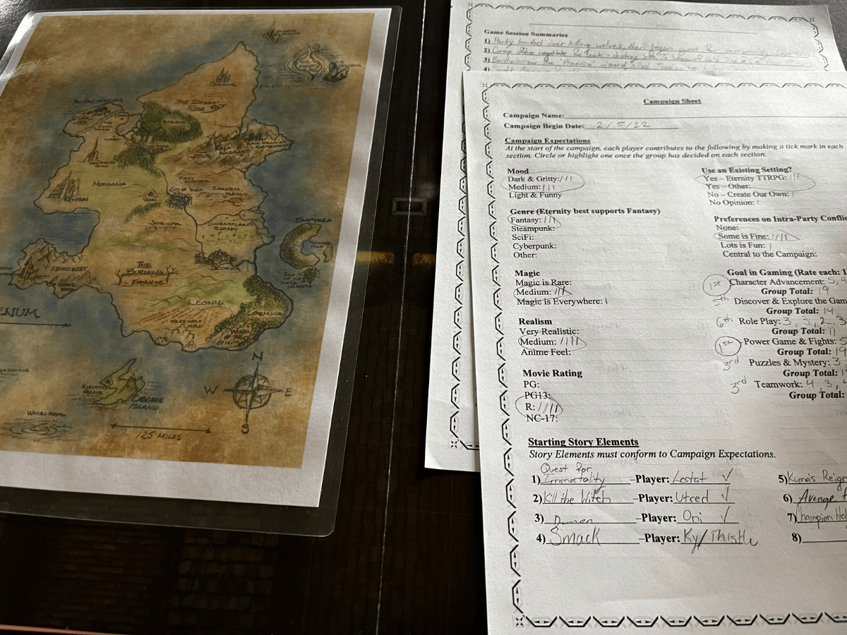 A map of an island and a document with handwritten notes.
