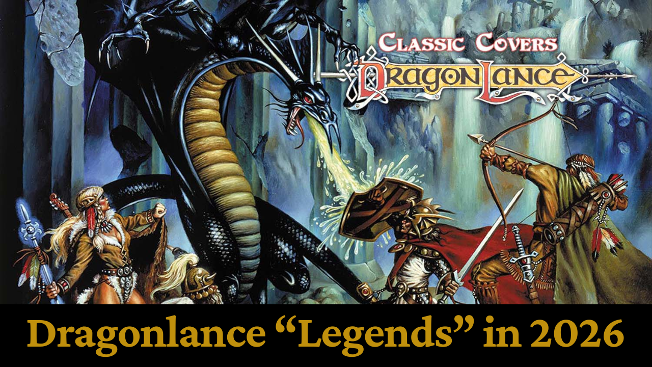 A dragon breathes fire on heroes in a cave.