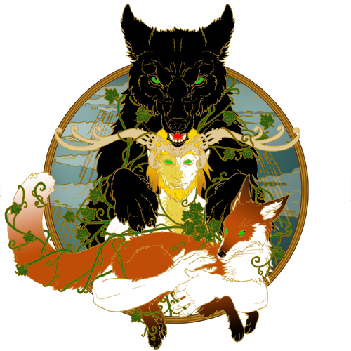 A black wolf, golden-faced figure, and fox intertwined with vines, set against a circular backdrop.