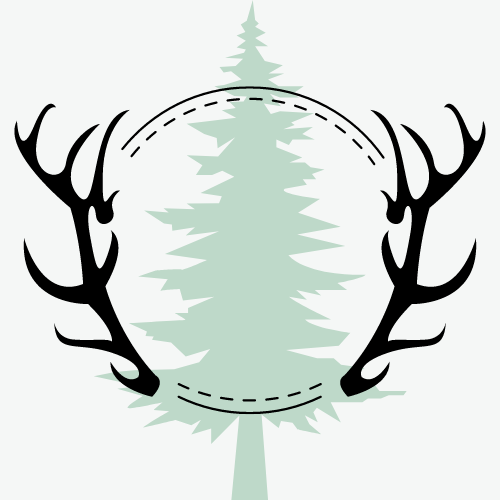 Black antlers frame a dotted circle, with a pale green pine tree in the background.