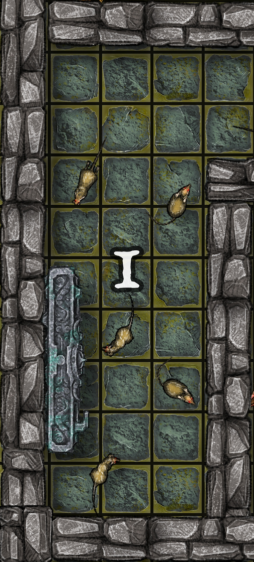 Dungeon A Day - Cragcoast Waterway Day 1 A dungeon corridor with a stone wall and floor. A symbol and several animal skeletons are present.