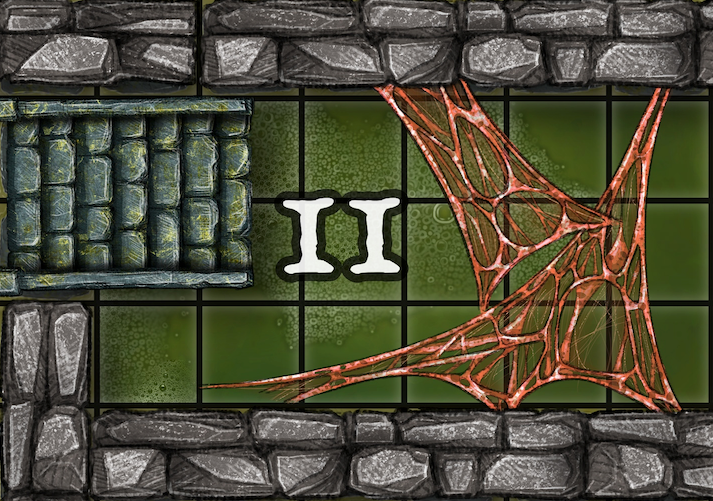 Dungeon A Day - Cragcoast Waterway Day 11 Dungeon room with stone walls, a barred cell, green tiles, large spiderweb, and a