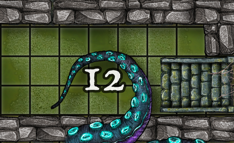 Dungeon A Day - Cragcoast Waterway Day 12 An overhead view shows an ornate stone room, a tentacle with a