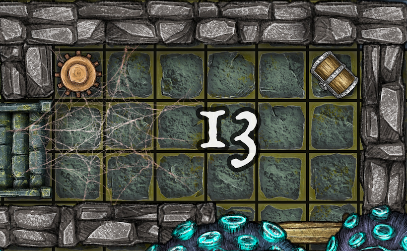 Dungeon A Day - Cragcoast Waterway Day 13 Dungeon room with grid of tiles, I3 in center, cobwebs, barrel, sun-like emblem, and glowing blue tentacles.
