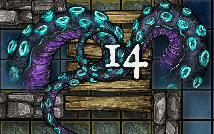 Dungeon A Day - Cragcoast Waterway Day 14 Glowing teal tentacles coiled over a wooden structure with the text
