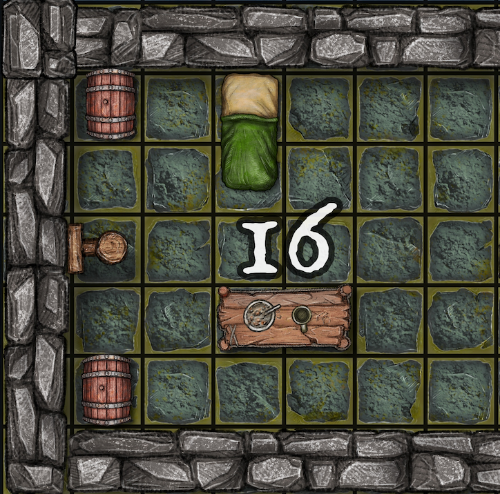 Dungeon A Day - Cragcoast Waterway Day 16 Dungeon room with stone walls and floor. Contains a barrel, a bedroll, and a table with items, and the number