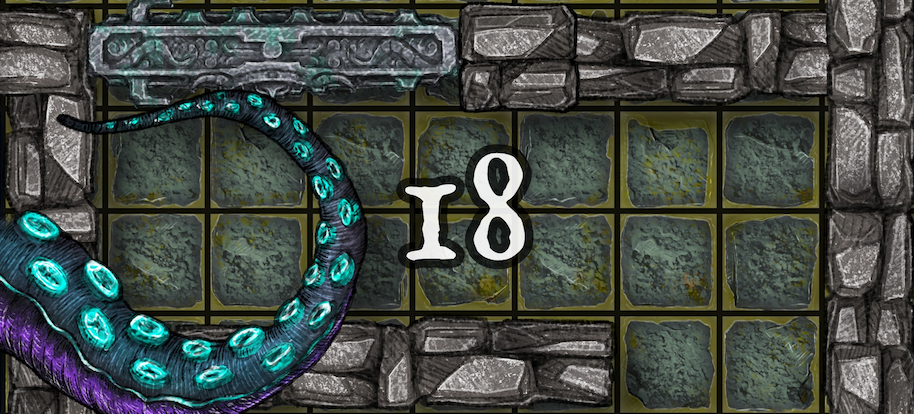 Dungeon A Day - Cragcoast Waterway Day 18 A dungeon map with a tentacle, stone blocks, and the text