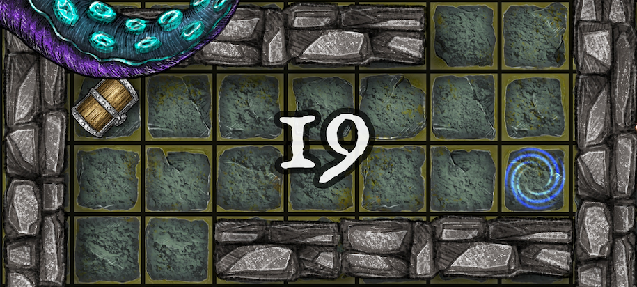 Dungeon A Day - Cragcoast Waterway Day 19 Game board with stone tiles, a vortex, and the number I9. A tentacle is at the top left.