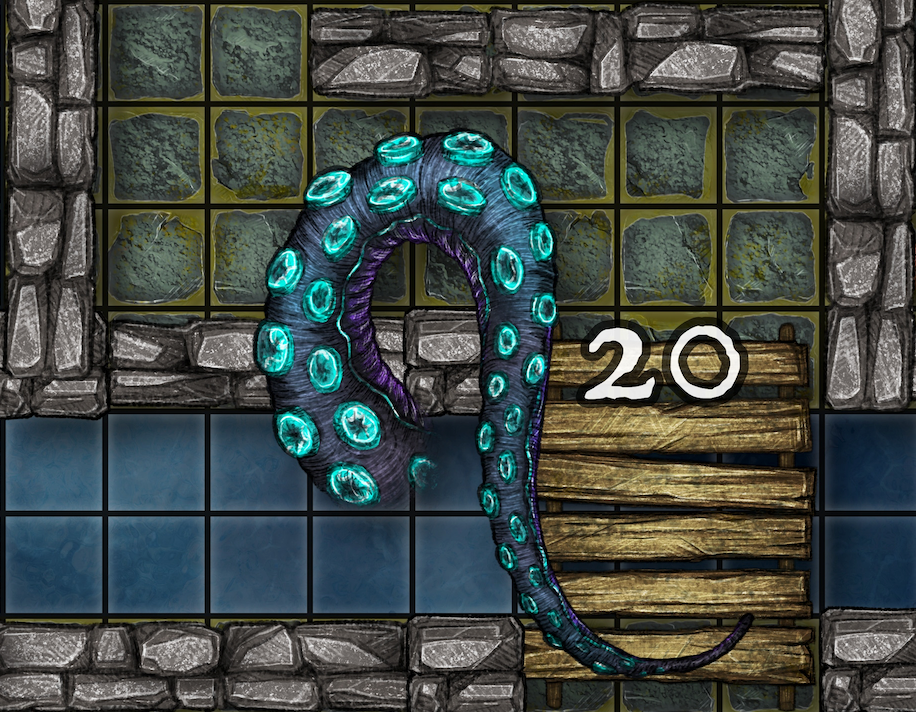 Dungeon A Day - Cragcoast Waterway Day 20 A tentacled monster in a dungeon with the number 20 on a wooden platform.
