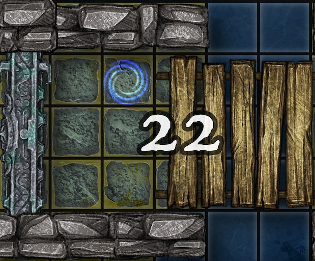 Dungeon A Day - Cragcoast Waterway Day 22 Grid with a blue portal, the number 22, and a wooden bridge.