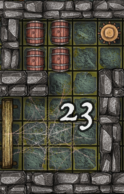 Dungeon A Day - Cragcoast Waterway Day 23 Dungeon game scene with barrels, a sun symbol, a wood beam, and the number
