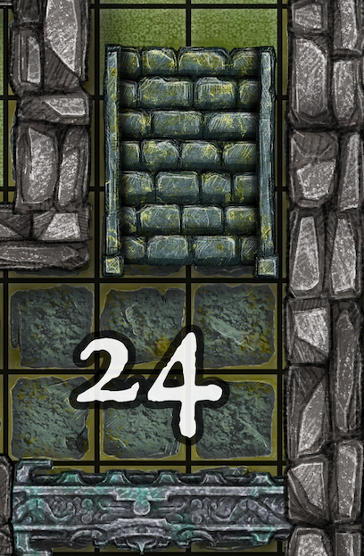 Dungeon A Day - Cragcoast Waterway Day 24 Card with the number 24 in a dungeon setting. A stone staircase is above the number.