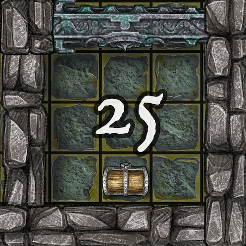 Dungeon A Day - Cragcoast Waterway Day 25 Dungeon with 25 tile-grid, chest, and decorative stone walls, with a numerical