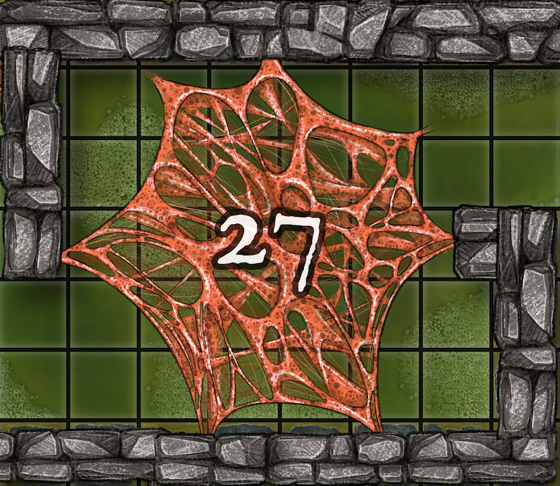 Dungeon A Day - Cragcoast Waterway Day 27 A dungeon room with a web featuring the number 27.