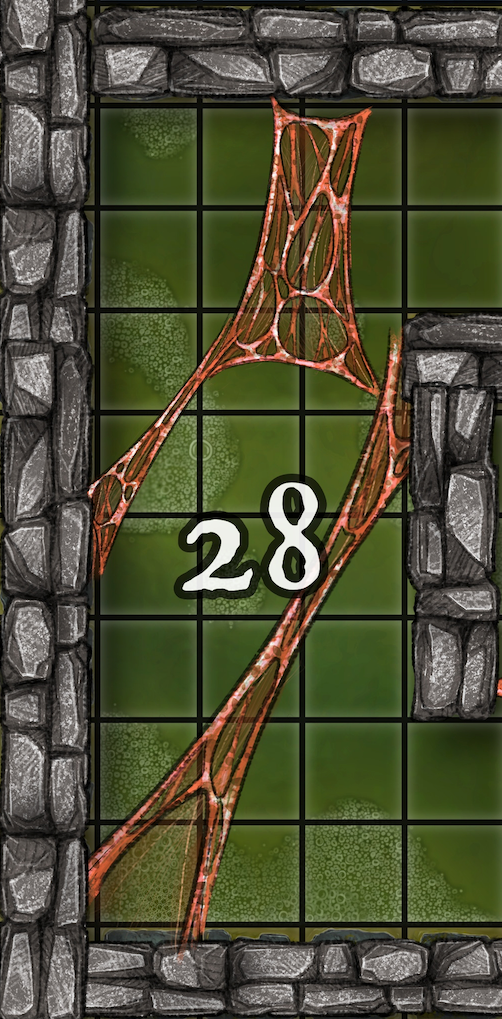 Dungeon A Day - Cragcoast Waterway Day 28 A dungeon room with the number 28 in the center, and a web-like object going across.